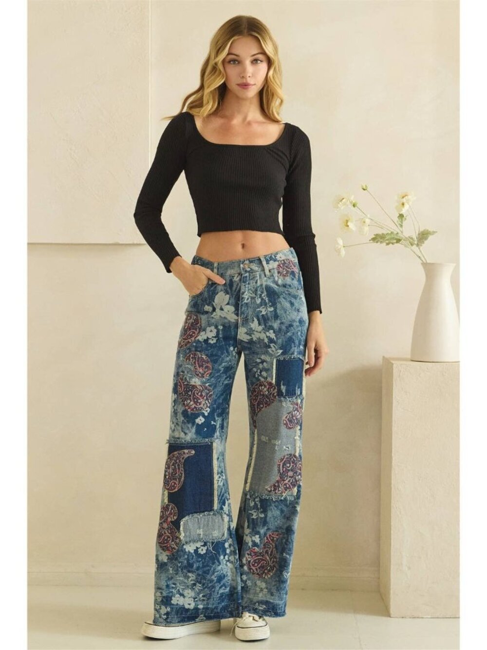 BNWT Floral Mineral Washed Paisley Patch Distressed Flare Leg Denim Jeans